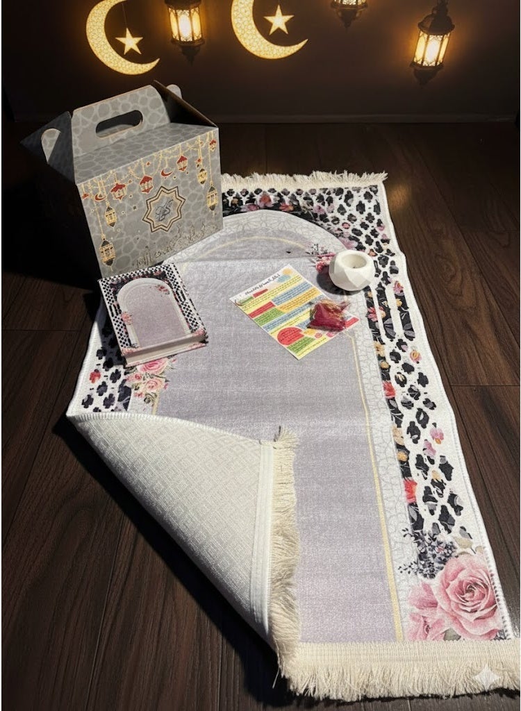 Luxury Ramadan Gift Box Made of Velvet Fabric – Grey – “Tahadoo Tahaboo” Printed – Includes Prayer Mat, Incense Burner, Quran, Azkar Book & Incense - Image 2